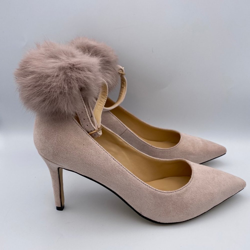 FSJ Ankle Strap Heels Suede Pumps Fluffy Ball - Picture 3 of 8